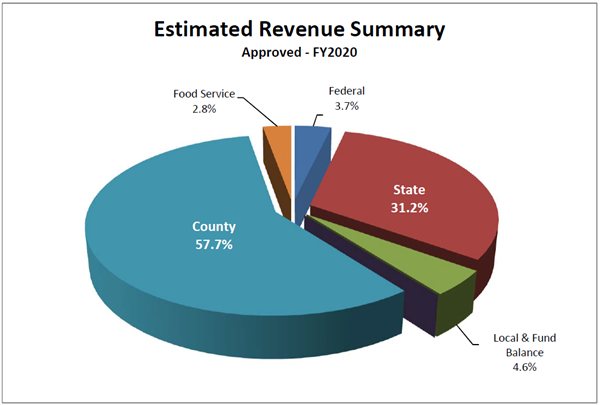 2020 Revenue County 58%, Food Service 3.0%, Federal 3.6%, State 30.7%, Local/Fund Balance 4.6%, Restricted/Other 0.1% 2020 Revenue County 58%, Food Service 3.0%, Federal 3.6%, State 30.7%, Local/Fund Balance 4.6%, Restricted/Other 0.1%